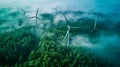 Wind Turbines Towering Above Mist-Enshrouded Forest at Dawn, AI Generated Royalty Free Stock Photo