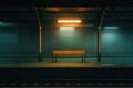 Serene Dawn at a Deserted Train Station Platform with Illuminated Bench Royalty Free Stock Photo
