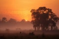 Serene dawn: golden sky, silhouetted trees, soft mist., generative IA