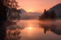 Serene dawn: lake reflecting mountains in golden and pink hues., generative IA