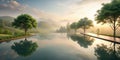 Serene dawn landscape reflecting in a tranquil infinity pool, surrounded by lush greenery and rolling hills under a soft morning Royalty Free Stock Photo