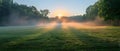 Serene Dawn Mist Over Manicured Meadow. Concept Nature Photography, Misty Mornings, Peaceful