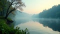 Serene dawn mist over a tranquil lake, reflecting the stillness of the forest. Generative AI Royalty Free Stock Photo