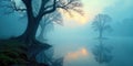 Serene dawn misty lake reflections of winter trees at sunrise. Generative AI Royalty Free Stock Photo