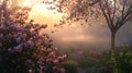 Serene dawn: Misty pink rhododendrons & cherry blossoms Royalty Free Stock Photo