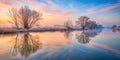 Serene dawn reflection on a calm river with leafless trees. Generative AI Royalty Free Stock Photo