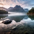 Serene Dawn Reflections on Mountain Lake