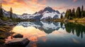 Serene Dawn Unfolding Over an Alpine Landscape with a Crystal-clear Mountain Lake