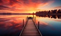 Serene Dawn with a Wooden Pier Extending into a Calm Lake with a Moored Boat Under a Vivid Orange Sky Reflecting in the Still