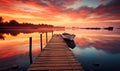 Serene Dawn with a Wooden Pier Extending into a Calm Lake with a Moored Boat Under a Vivid Orange Sky Reflecting in the Still