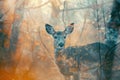 A serene deer overlaid with the soft glow of a misty forest in a double exposure Royalty Free Stock Photo