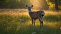 Doe in a Golden Meadow: A Moment of Wild Beauty at Sunset Royalty Free Stock Photo