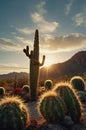 Cactus Landscape at Sunset with Golden Light Shines in Arizona Desert Royalty Free Stock Photo