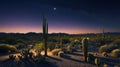 Serene Sonoran Desert Sunset Under Starlit Sky with Majestic Saguaro Cacti Royalty Free Stock Photo