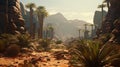 Serene desert landscape featuring a vast array of large rocks and tall palm trees, AI-generated.