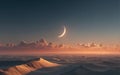 Serene desert landscape at twilight, featuring rolling sand dunes under a crescent moon and soft clouds, creating a tranquil and Royalty Free Stock Photo