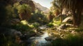 Serene desert oasis nestled within rocky canyon with towering palm trees. AI generated