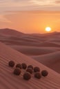 Serene Desert Sunset with Mysterious Spherical Objects Lined on Sand Dunes under Warm Sky