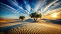 Serene desert sunset with silhouetted trees and undulating sand dunes. Generative AI Royalty Free Stock Photo