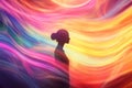 A serene design with a silhouette of a person surrounded by flowing, rainbow-colored light trails,
