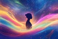A serene design with a silhouette of a person surrounded by flowing, rainbow-colored light trails,