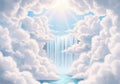 A serene digital artwork depicting a celestial scene with a waterfall cascading from Royalty Free Stock Photo