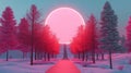 A serene digital forest under an artificial glowing moon.