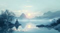 A serene digital illustration of a meditative figure by the lake at sunrise, surrounded by misty mountains and a calm water Royalty Free Stock Photo