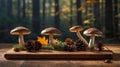 Autumnal Still Life: Mushrooms, Pine Cones, and Maple Leaves on Wooden Cutting Board Royalty Free Stock Photo