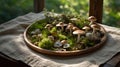 Enchanting Forest Still Life: Mushrooms, Moss, and Ferns on a Wooden Tray Royalty Free Stock Photo