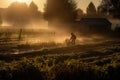 A serene, early morning vegetable harvest, capturing the dew-covered plants, the soft, golden light of sunrise, and the peaceful