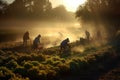 A serene, early morning vegetable harvest, capturing the dew-covered plants, the soft, golden light of sunrise, and the peaceful