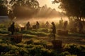 A serene, early morning vegetable harvest, capturing the dew-covered plants, the soft, golden light of sunrise, and the peaceful