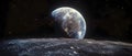 Serene Earthrise: A View from the Moon\'s Horizon. Concept Astronomy, Lunar Landscapes, Outer Space