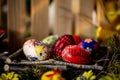 A Serene Easter Display: Handcrafted Eggs Amidst Natural Surroundings and Soft Light Royalty Free Stock Photo