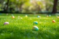 Serene Easter Morning with Decorative Eggs on Dewy Lawn. Bright design scattered on dewy grass, with sunlight filtering through