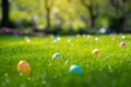 Serene Easter Morning with Decorative Eggs on Dewy Lawn. Bright design scattered on dewy grass, with sunlight filtering through