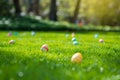 Serene Easter Morning with Decorative Eggs on Dewy Lawn. Bright design scattered on dewy grass, with sunlight filtering through