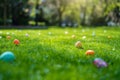 Serene Easter Morning with Decorative Eggs on Dewy Lawn. Bright design scattered on dewy grass, with sunlight filtering through
