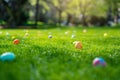 Serene Easter Morning with Decorative Eggs on Dewy Lawn. Bright design scattered on dewy grass, with sunlight filtering through