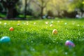 Serene Easter Morning with Decorative Eggs on Dewy Lawn. Bright design scattered on dewy grass, with sunlight filtering through