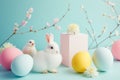 Serene Easter postcard with white bunny pastel eggs, delicate spring blossoms on soft blue background. Holiday greetings
