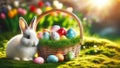 A serene Easter setting with a white bunny beside a basket of hand painted eggs amidst fresh spring grass