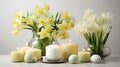 Serene Easter Still Life: Daffodils, Candles, and Pastel Eggs Royalty Free Stock Photo