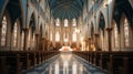 Serene easter sunday church interior with radiant light through stained glass windows