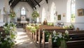 Serene easter sunday church interior with warm light streaming through stained glass windows Royalty Free Stock Photo