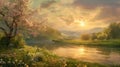 A serene Easter sunrise over a tranquil countryside landscape,