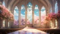 Serene Easter sunrise service in a pastel-colored chapel, with soft sunlight streaming through pastel-stained glass windows. The