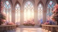 Serene Easter sunrise service in a pastel-colored chapel, with soft sunlight streaming through pastel-stained glass windows. The