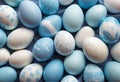 A serene Easter background featuring delicately painted eggs with a white and blue palette, ideal for festive holiday designs